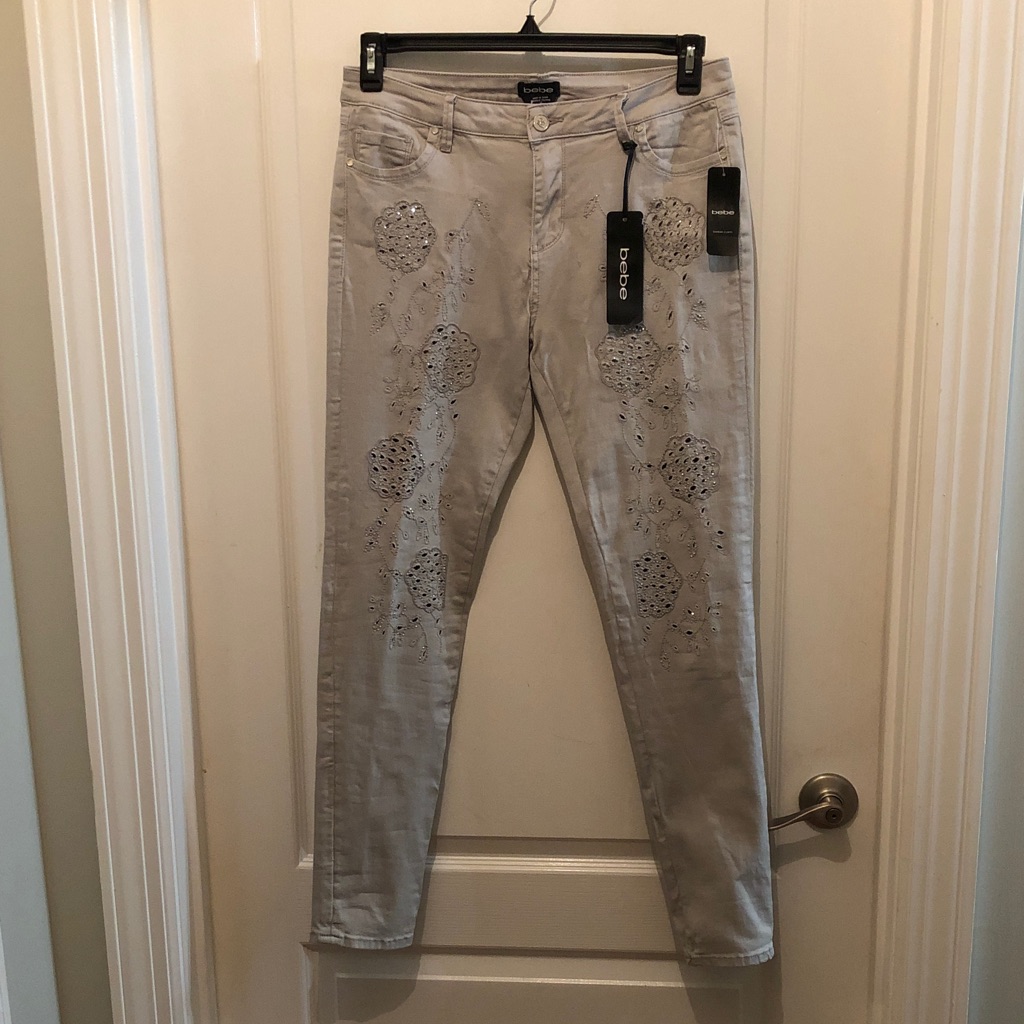 Bebe Vintage Light Gray Embellished Skinny Jeans
